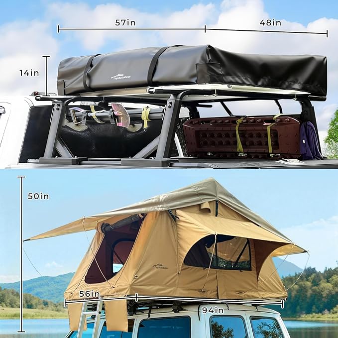 Roof Top Tent Camping for SUV Jeep Truck, 800D Waterproof Soft Shell Rooftop Tent, Quick-Setup Design with Telescopic Ladder & LED Lighting for 2-3 Person