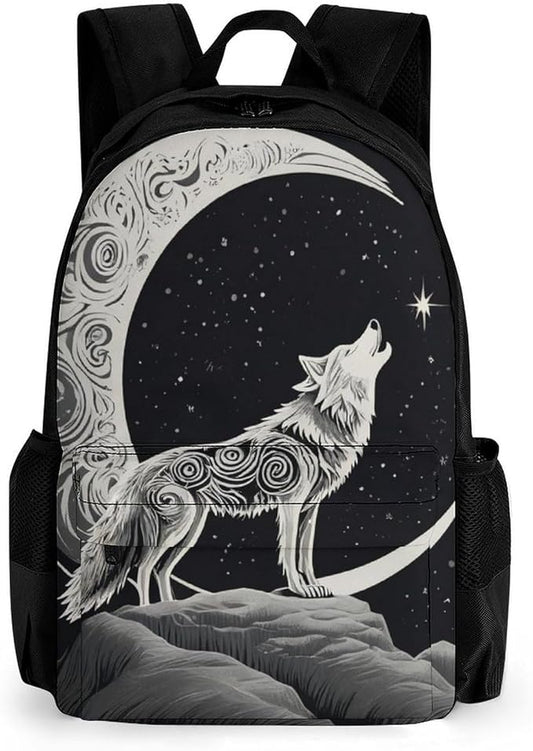 Polyester Daypack for Camping Travel Walking Cycling, Big Capacity Anti-Theft Multipurpose Bookbag, Wolf Howling Moon Camping Outdoor Backpack