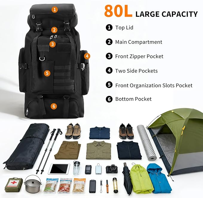 Hiking Backpack Tactical Backpack for Men Women, 80L Military Backpack Rucksack Waterproof Large Travel Camping Backpack for Men, Molle Rucksack Outdoor Sport Travel Cycling Daypack (Black)