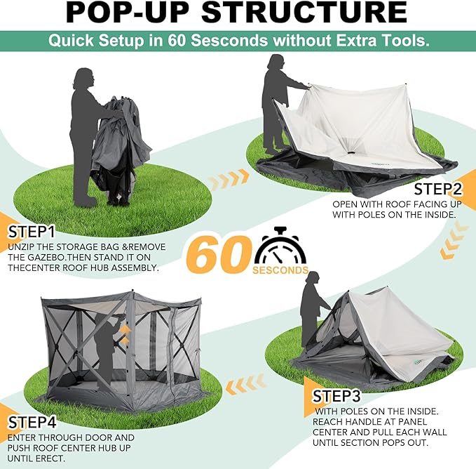 COBIZI 10x10 FT Pop up Gazebo, Popup Canopy Tent,Instant Screened in Gazebos, Waterproof Portable Outdoor Small Screen Tents Sun Shelter,carpas para Patio for Camping, Garden and Backyard,Gray