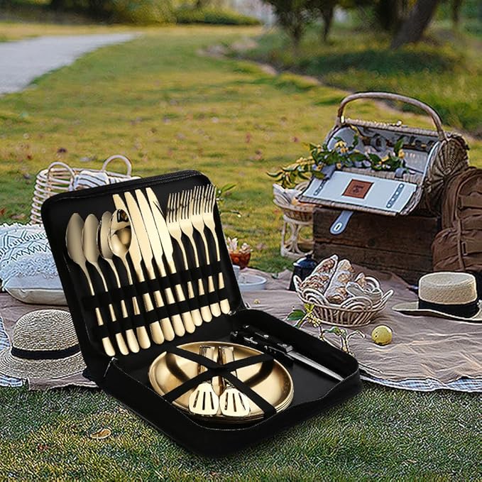 Picnic Dishes Utensils Gold Camping Flatware Set for 4 Portable Tableware Plates Silverware Forks Spoons knives Bottle Opener Food Tongs Complete Kit with Zipper Bag