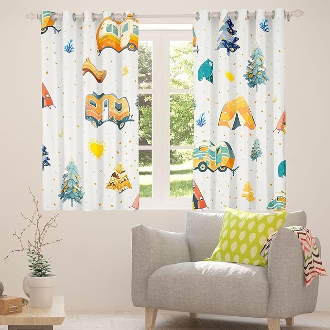 Feelyou Adventure Camping Blackout Curtains Camper Picnic Darkening Drapes for Bedroom Living Room Decor Happy Camping Thermal Insulated Shades Window Treatments, 2 Panels 52 x 63 Inch