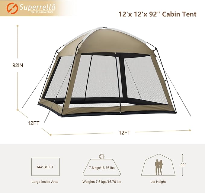12 x 12 FT Camping Screen Tent for 8-10 Person, Easy Setup Screen House with UV 50+ Sun Protection & Mosquito Net for Camping, Backyard, Picnic, Patio Outdoor Kakhi