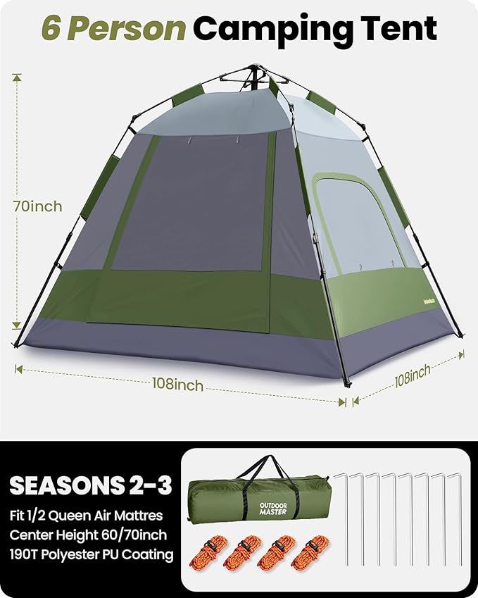 OutdoorMaster Updated Camping Tents, 4/6 Person Camping Tent with Blackout Shelter Technology, Easy Setup in 60 Seconds, Weatherproof Pop Up Tent with Top Rainfly, Instant Cabin Tent
