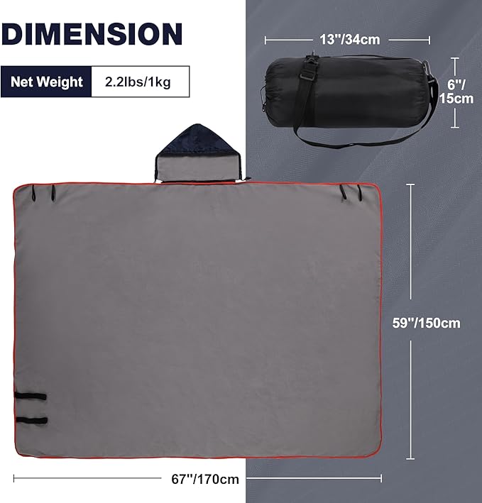 REDCAMP Large Waterproof Stadium Blanket with Hood for Cold Weather, Soft Warm Fleece Camping Blanket Windproof for Outdoor Sports, Dark Blue/Grey