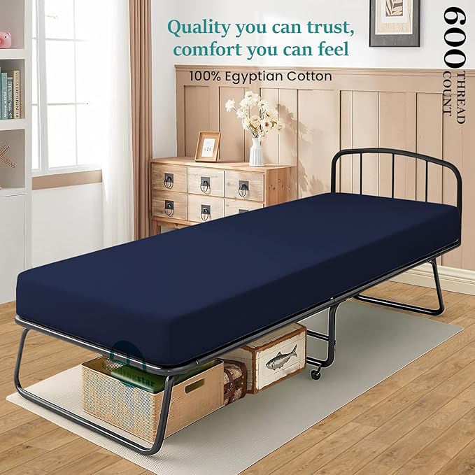 Twin XL Fitted Sheet 39 x 80 Inches 10" Deep Pocket 100% Egyptian Cotton 600 Thread Count Snug Fit for Trifold Mattress, Narrow Twin, Camp Bunk, Guest Bed, Army Cot Soft & Breathable – Navy Blue