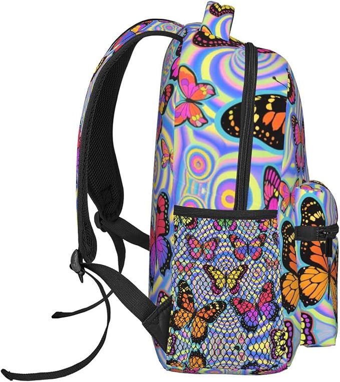 Rucksack Multipurpose Anti-Theft Big Capacity Shoulder Bag, Trippy Colorful Butterflies Art Travel Hiking Camping Rucksack With Side Pockets