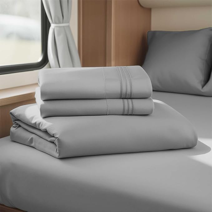 Hearth & Harbor Short Queen Sheets for RV, Grey RV Queen Sheets, Silky Soft 1800 Microfiber Bed Sheet for Camper, 4 Piece RV Bedding with Pillowcases