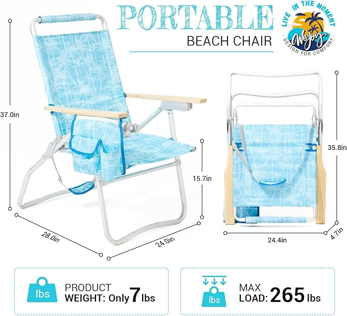 #WEJOY Folding Beach Chair for Adults, 4-Position Aluminum Lightweight Beach Chair, Low Sands Chairs with Shoulder Strap, Cup Holder and Padded Headrest, Supports 265lbs for Lawn