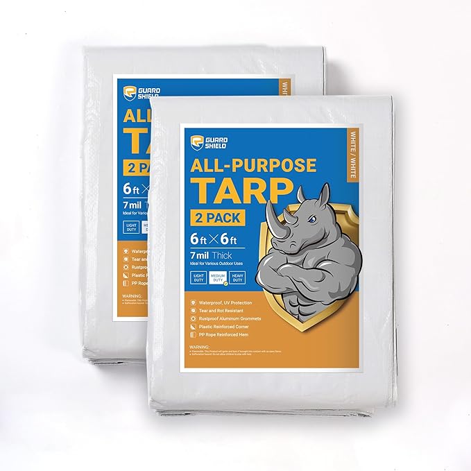 GUARD SHIELD White Tarp 6x6 Feet Medium Duty All Purpose Poly Tarps Cover 7mil (2-Pack)