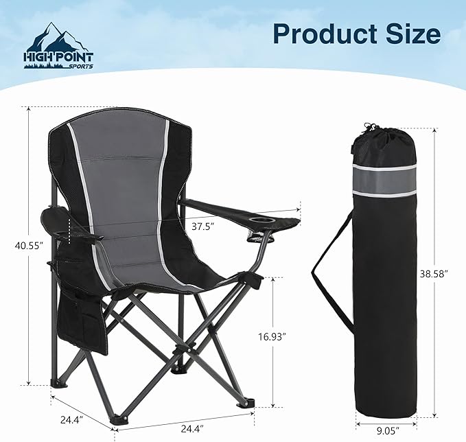 HIGH POINT SPORTS Oversized Camping Folding Chair, Heavy Duty Outdoor Chair with Armrest, Portable Lawn Chair with Cup Holder for Adults Support 350 LBS, 2 Pack, Gray-Black