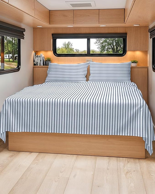 Short Queen Size 4 Piece Sheet Set - RV Short Queen, Soft, Breathable & Cooling Bed Sheets Set w/ Deep Pockets - Hotel Luxury Bedding for Women, Men, Kids, Teens, Boys & Girls, Oeko-Tex - Blue Stripes
