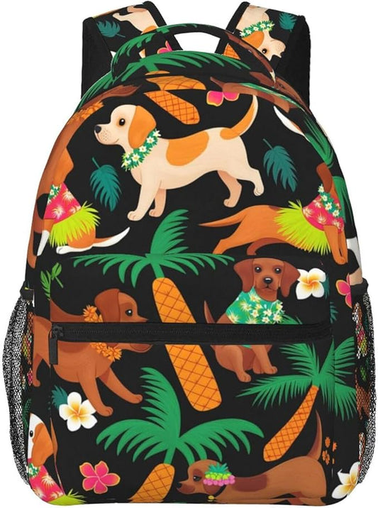 Men Women Lightweight Beach Dog Labrador Palm Tree Pineapple Casual Daypack Big Capacity Bookbag With Padded Straps for Gym Travel Walking Cycling
