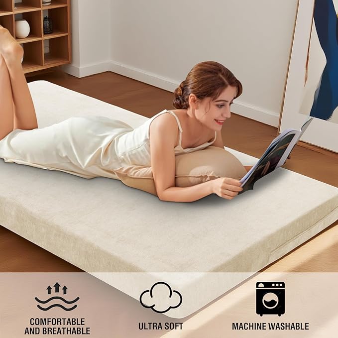 H.VERSAILTEX Full Size Armless Futon Mattress Covers for Traditional Japanese Futon Mattress Soft Mixed-Color Chenille Couch Slipcovers Floor Mats Sofa Protector Zippered Sleeper Sofa Cover,Beige