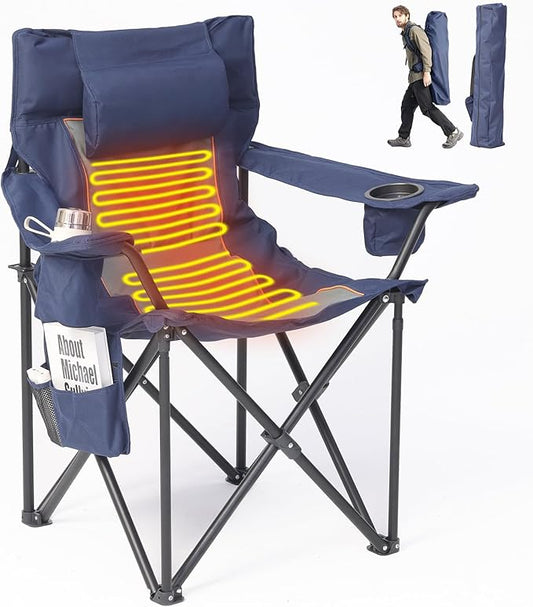 Heated Camping Chairs For Adults, 3 Heating Level For Back And Seat, Foldable Camping Chairs With Cup Holders & Pillow For Outdoor Sports, Camping, Patio, Picnics, Battery Not Included, Navy