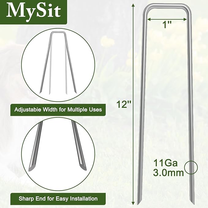 MySit 12" Garden Stakes Pins Landscape Staples 11Ga Tent Stakes 100 Pack, Heavy Duty Galvanized Steel Metal Yard Stakes Ground Lawn Staples Fence Anchors for Weed Barrier Fabric