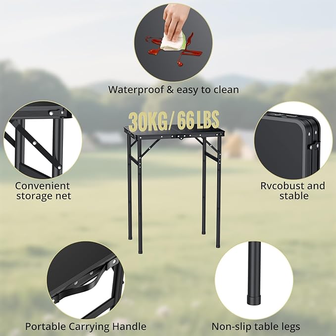 2ft Folding Camping Table Max 29.5" with Storage Net, 3 Adjustable Height Aluminum Small Folding Table, Portable Handle, Lightweight, for Travel Outdoor Beach Picnic Camp, 23.2" x 16", Black