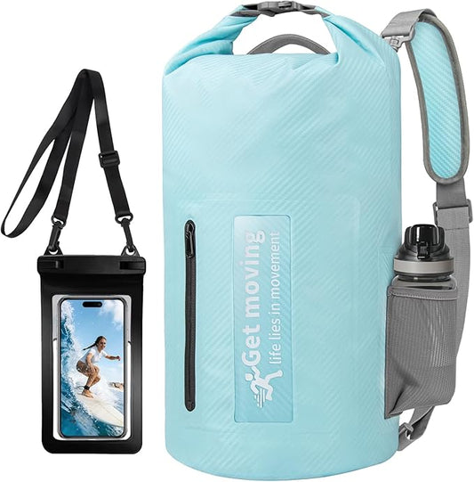 BKNOOU Dry Bag Waterproof for Women Men, 10L/20L Roll Top Lightweight Dry Storage Bag Backpack for Travel, Kayaking, Boating, Rafting, Camping, Hiking and Beach, with Phone Case (Light blue, 10L)