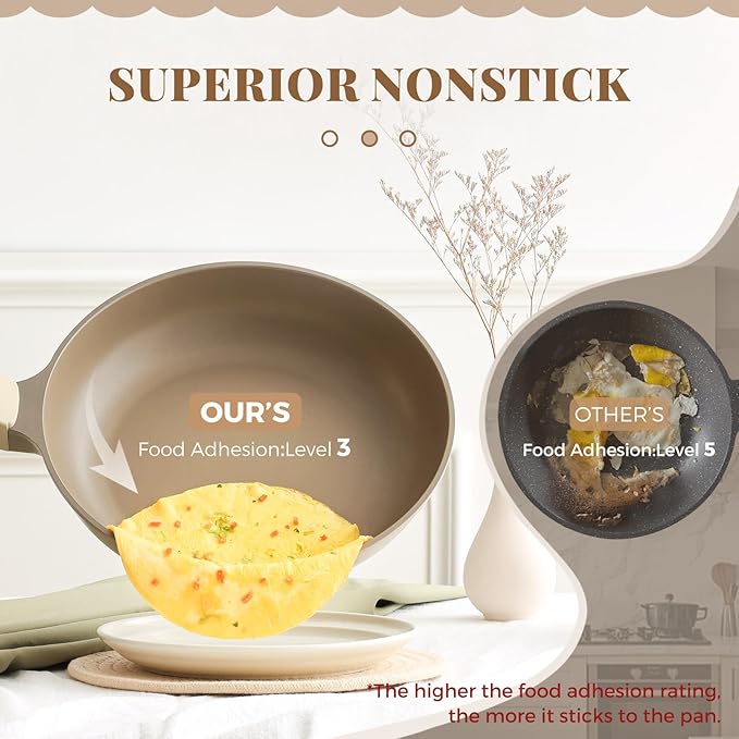 PRICUSIS Nonstick Frying Pan with Lid, Healthy Skillet, Egg Pan Nonstick Omelet Pan Chef's Pan, PFOA & PTFE Free, Induction Compatible (8Inch W/L Natural Linen)