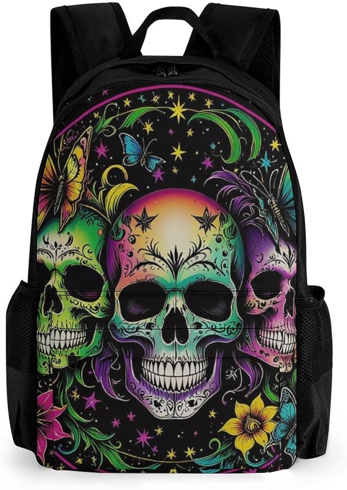Supdreamc Men Women Lightweight Psychedelic Skull Sbutterflies Art Backpack Large Capacity Carry On Bag With Padded Straps for Sports Work Walking Cycling