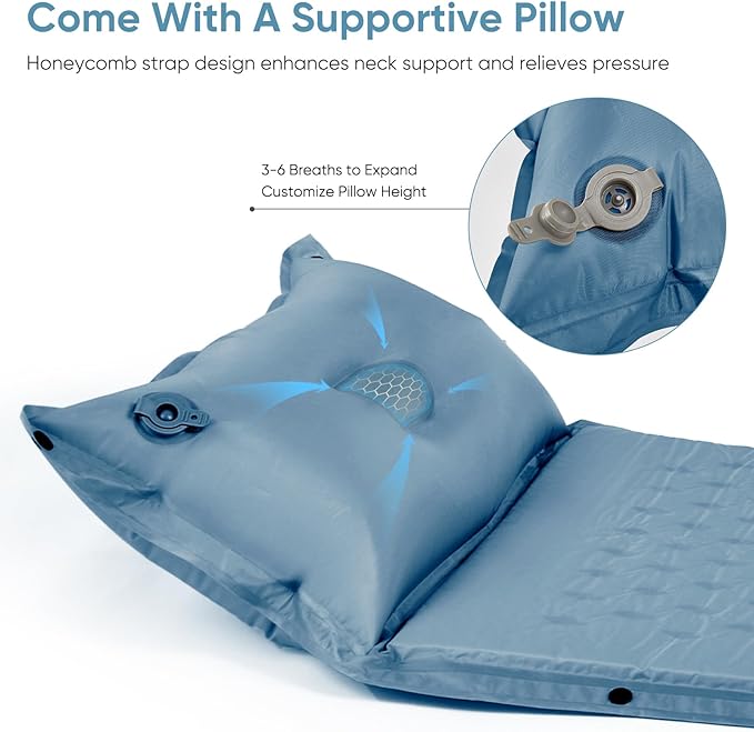 Naturehike Self-Inflating Sleeping Pad with Pillow, Patchwork Sleeping Pad for Camping Backpacking Hiking Traveling Tent（Blue）