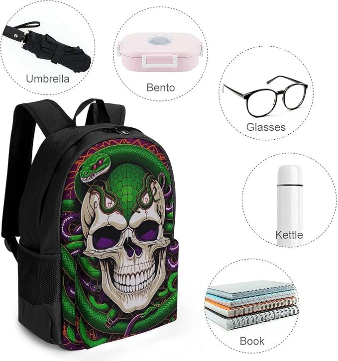 Backpack Polyester Anti-Theft Multipurpose Medusa Skull Green Snake Art Bookbag Large Capacity Laptop Book Bag Rucksack With Side Pockets