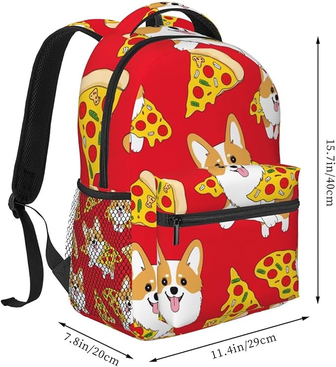 Men Women Polyester Corgi Junk Food Cute Dogs Pizzas Backpack Large Capacity Bookbag With Smooth Zippers for Climbing Picnic Bicycle