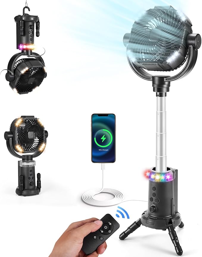 Odoland 20000mAh Camping Fan with Lantern, 360° Oscillation Rechargeable Battery Operated Outdoor Power Fan with Remote, Hook ＆ RGB Light for Camp, Family Travel and Jobsite, Black