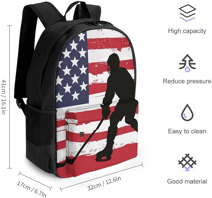 Supdreamc Backpack Anti-Theft Multipurpose Large Capacity Carry On Bag, American Hockey Flag Art Camping Outdoor Backpack With Side Pockets