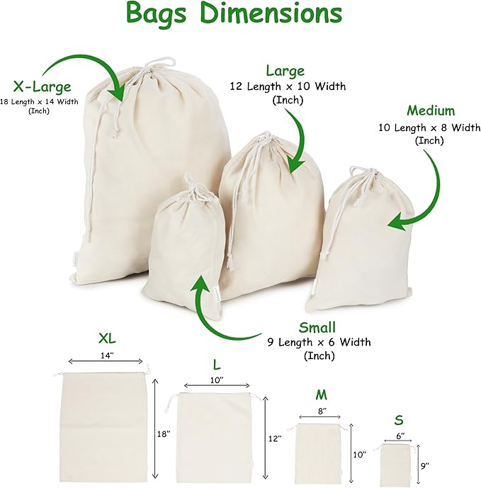 Reusable Cotton Storage Produce Bags With Drawstrings X-Large 14x18 Inch (6 Psc), Muslin Bags - For Bulk Food Storage, Vegetable, fruit, Food, Snack, Footwear, Toys Storage Bag