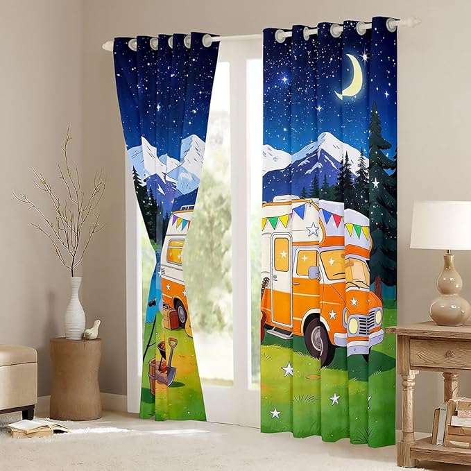 jejeloiu Cartoon Camping Car Curtains for Bedroom Room RV Camping Blackout Shades Campfire Room Darkening Curtain Farmhouse Trailers Camper Window Treatments, 2 Panels 38 x 45 Inch Decor