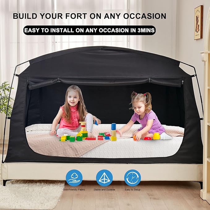 Privacy Sleep Indoor Bed Tent for Adults Kids, Portable Blackout 90% Canopy Tents with 3 Doors Breathable Mesh Windows