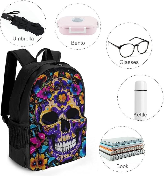 Men Women Lightweight Trippy Skull Head Mushroom Art Casual Daypack Big Capacity Bookbag With Padded Straps for Gym Travel Walking Cycling
