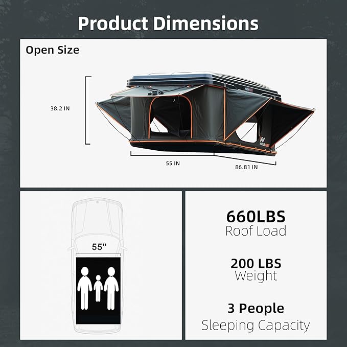 Naturnest Rooftop Tent Hard Shell, Waterproof Windproof UV-Resistant Blackout Privacy 4 Season Tent for Truck, Jeep, SUV, Van, Trailer