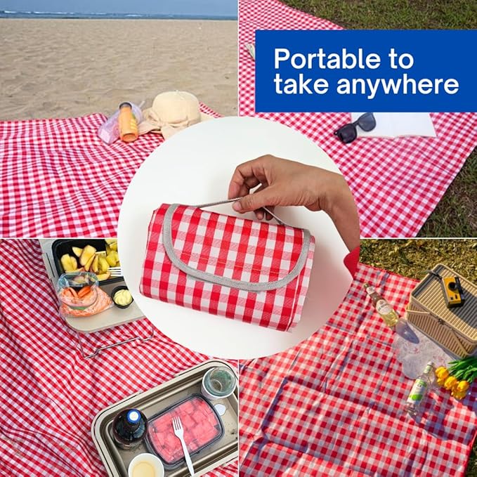 Cute Gingham Picnic Blanket, Waterproof Foldable, in Large 80x60in and Extra Large 80x80in, Portable Compact Beach Blanket, Oversized XL Outdoor Mat (Red, X-Large)