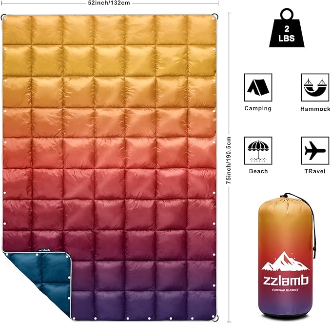 zzlamb Camping Blanket, Outdoor Lightweight Travel Blanket Puffy Portable Down Alternative, Windproof Warm Cloak with Snaps, Cozy Quilt Backpacking Picnic RV Plane Car Hammock Beach Climbing