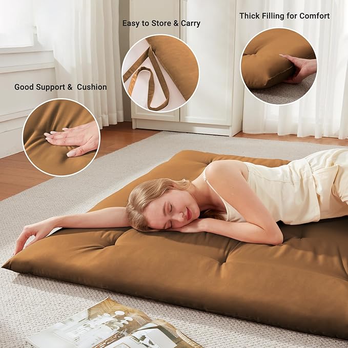 Japanese Floor Futon Mattress Queen Size 60"x 80", Foldable Bed Mattress, Portable Tatami Mat Sleeping Pad, Folding Futon Cushion, Roll Up Floor Lounger for Guest Room Dormitory (Brown)