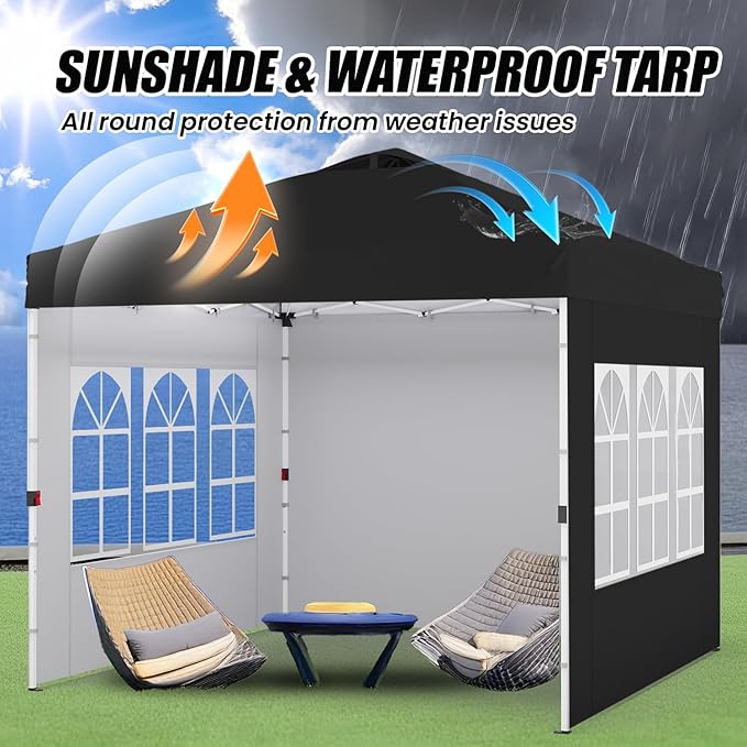 Shades 10x10 Pop Up Canopy with 3 Sidewalls & 4 Sandbags,Heavy Duty Beach Tent with Portable Bag,Sun Shelter for Parties,Events,Outdoor Gazebo with 420D Coated Waterproof Black Fabric