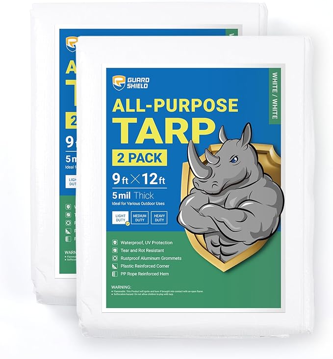 GUARD SHIELD Tarp White 9x12 Feet Multi Purpose Waterproof Poly Tarp Cover 5mil (2-Pack)