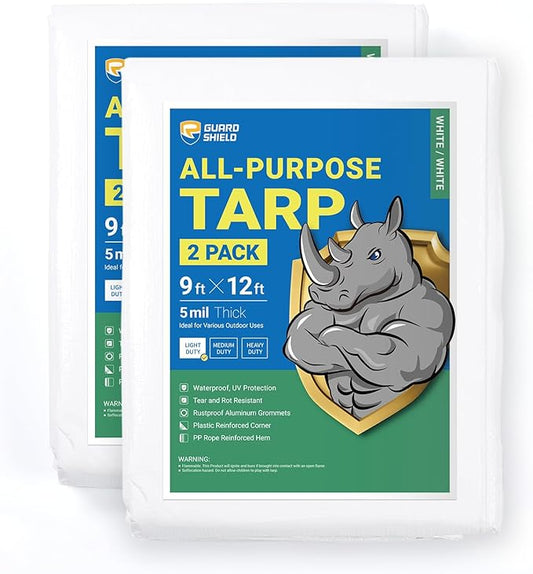 GUARD SHIELD Tarp White 9x12 Feet Multi Purpose Waterproof Poly Tarp Cover 5mil (2-Pack)
