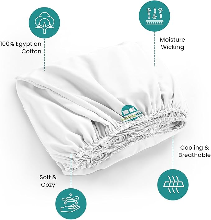 Full Fitted Sheet 54 x 75 Inches 6" Deep Pocket 100% Egyptian Cotton 600 Thread Count Snug Fit for Trifold Mattress, Narrow Twin, Camp Bunk, Guest Bed, Army Cot Soft & Breathable – White