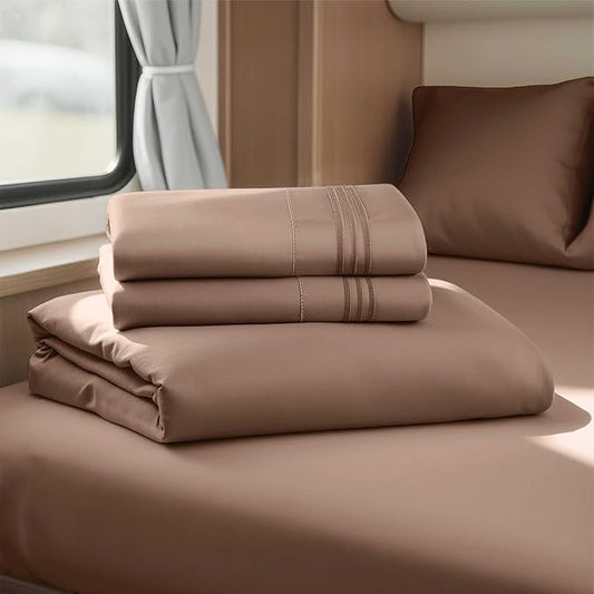 Hearth & Harbor Short Queen Sheets for RV, Chocolate Brown RV Queen Sheets, Silky Soft 1800 Microfiber Bed Sheet for Camper, 4 Piece RV Bedding with Pillowcases