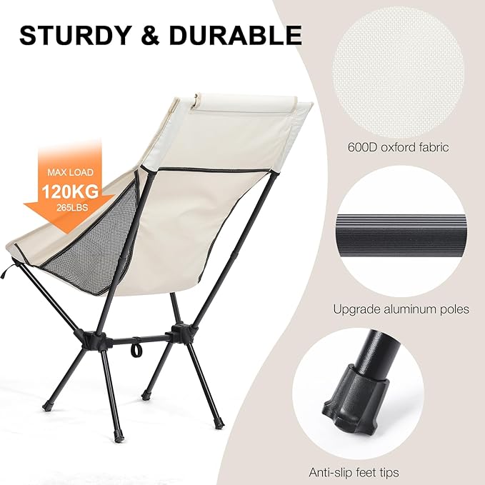 Foldable Lightweight High Back Camping Chair for Outdoor, Portable Travel Chair for Adults, White