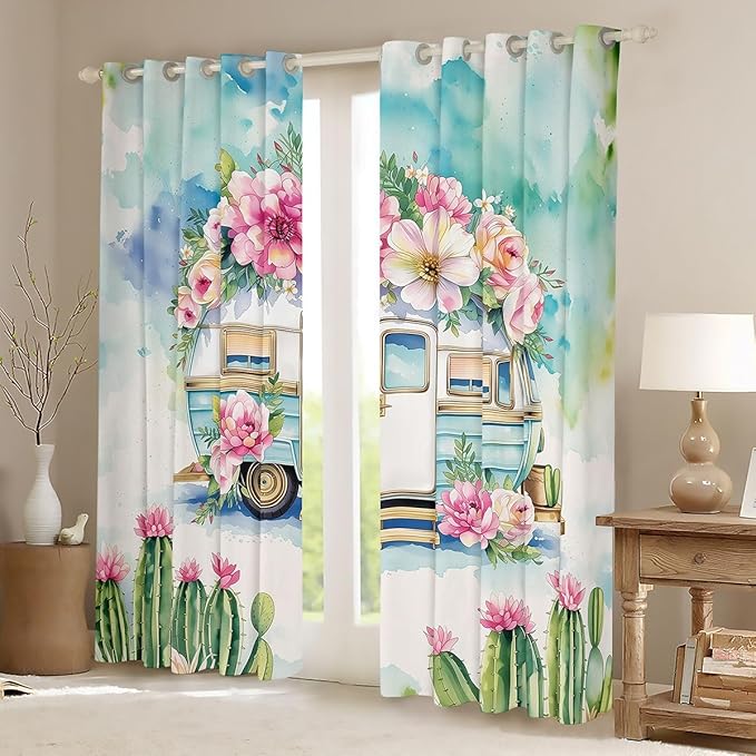 Erosebridal Girls Camper Blackout Curtains for Bedroom Living Room Camping Car Floral Window Curtains 2 Panels 38" Wx45 L Happy Camping Adventure Drapes,Rustic Pink Flowers Window Treatments