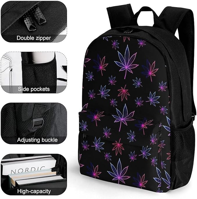 Rucksack Polyester Anti-Theft Multipurpose Trippy Neon Purple Weedleaf Leaf Black Carry On Bag Large Capacity Travel and Sport Backpack Rucksack With Smooth Zippers