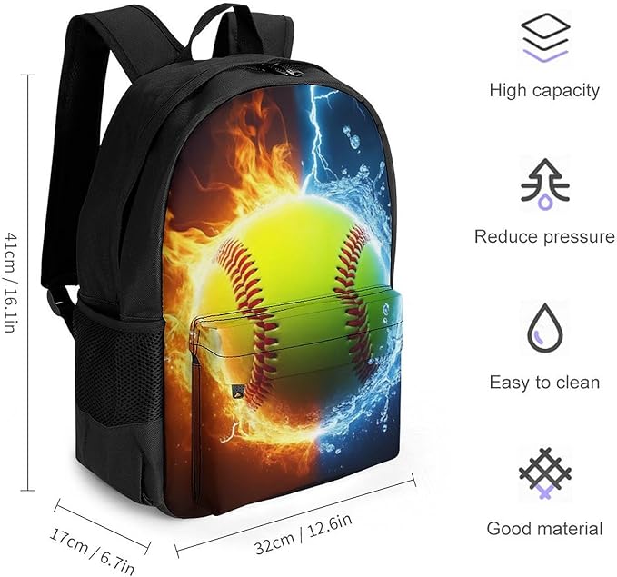 Men Women Polyester Ice Water Fire Flame Softball Baseball Daypack Bookbag Big Capacity Shoulder Bag With Padded Straps for Climbing Travel Walking Cycling