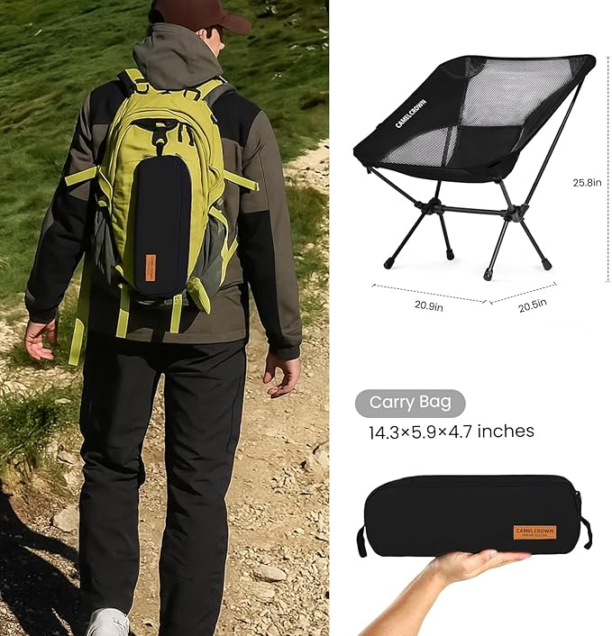 CAMEL CROWN Portable Camping Chair Lightweight Compact Folding Chair Mesh for Outdoor Camp Travel Beach Picnic Festival Hiking Backpacking Black