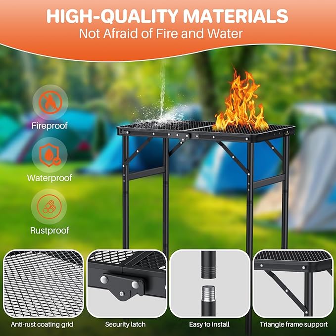 FUNYKICH Folding Grill Table for Outside(23''x16''), Max Height 29.4'' Portable Camping Tables(3 Adjustable Height), Lightweight Aluminum BBQ Table with Portable Handle for Camping, Picnic, BBQ, Black