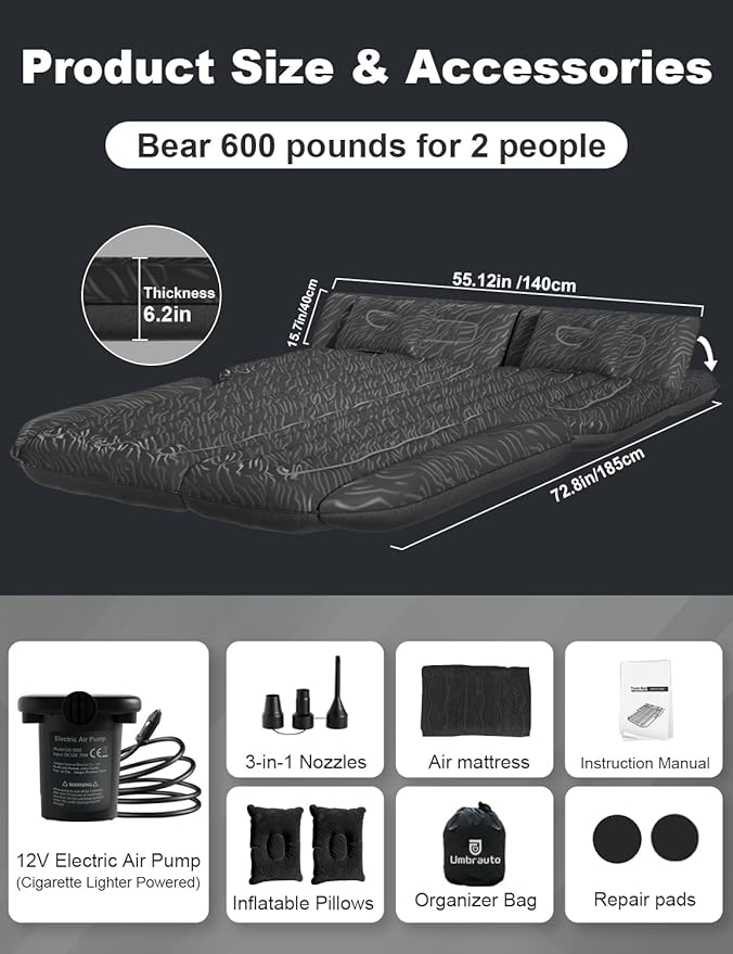 Umbrauto SUV Air Mattress for Back Trunk Folded Backseat, Inflatable Car Camping Bed for Sleeping Travel, Flocked Surface Reinforced Bottom Fits Mid-to-Full Size SUVs with Pump, Pillows, Carry Bag