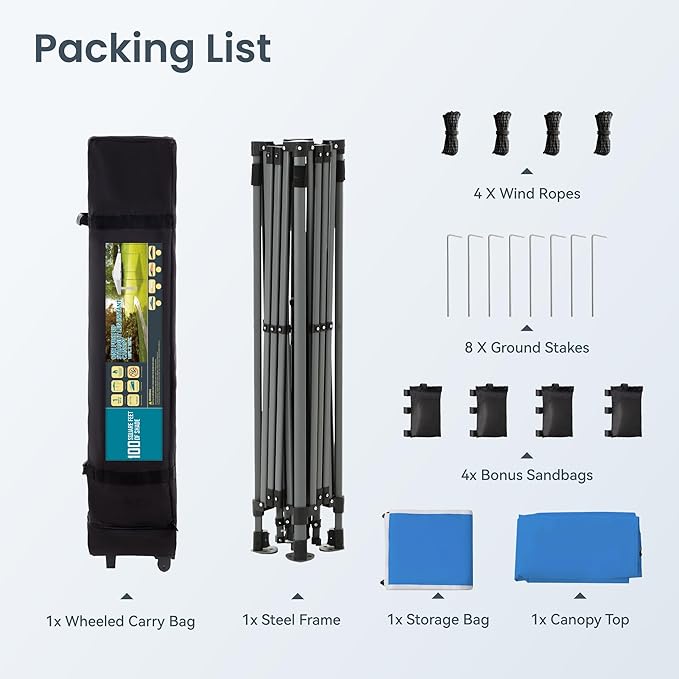 PHI VILLA 10’ x10’ Pop Up Canopy Tent - One Push Setup, Instant Shade Tent with Vented Roof for Beach & Events - Includes Storage Bag, Sandbags, Stakes & Ropes (Blue)